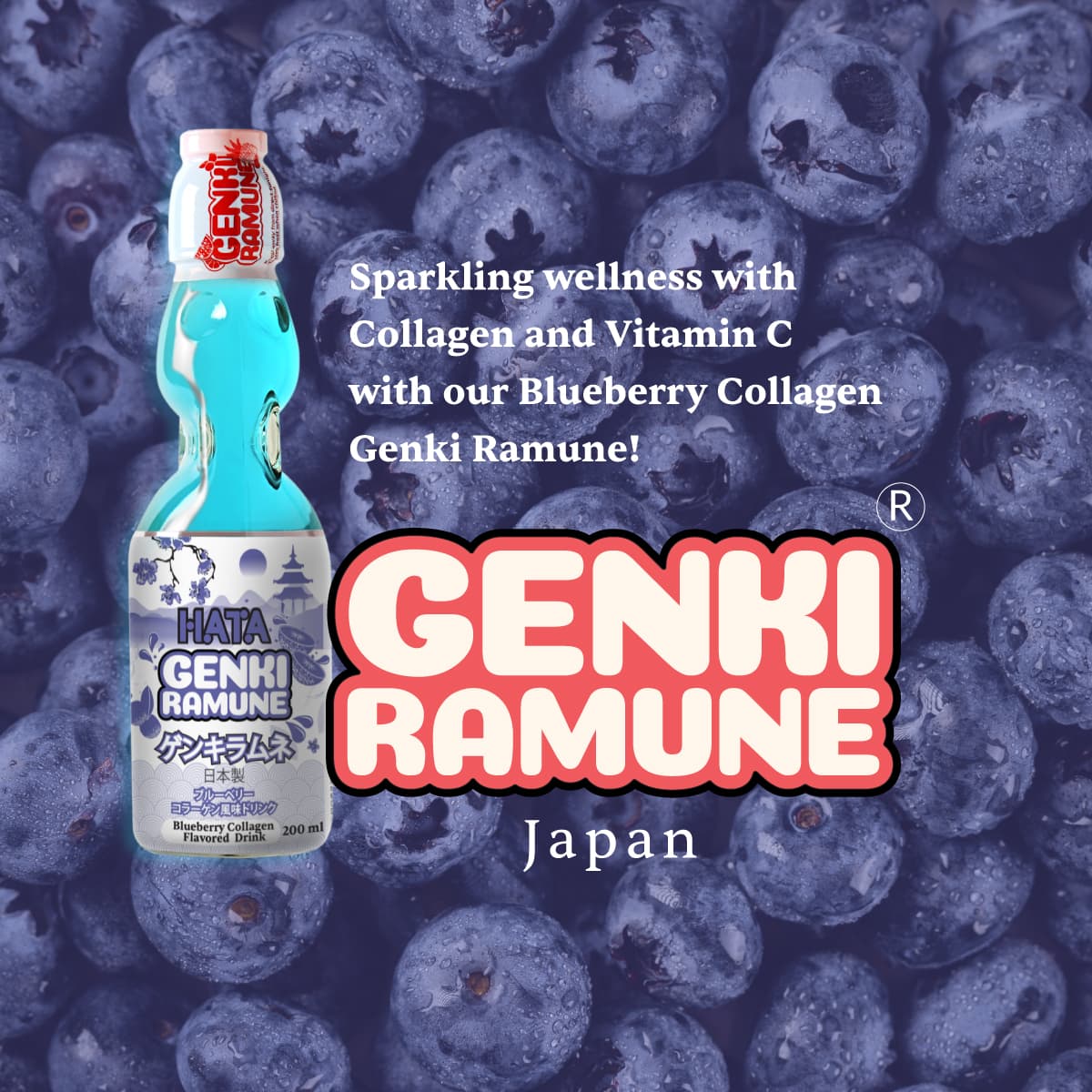 Sparkling wellness with Collagen with our Blueberry Collagen Genki Ramune!